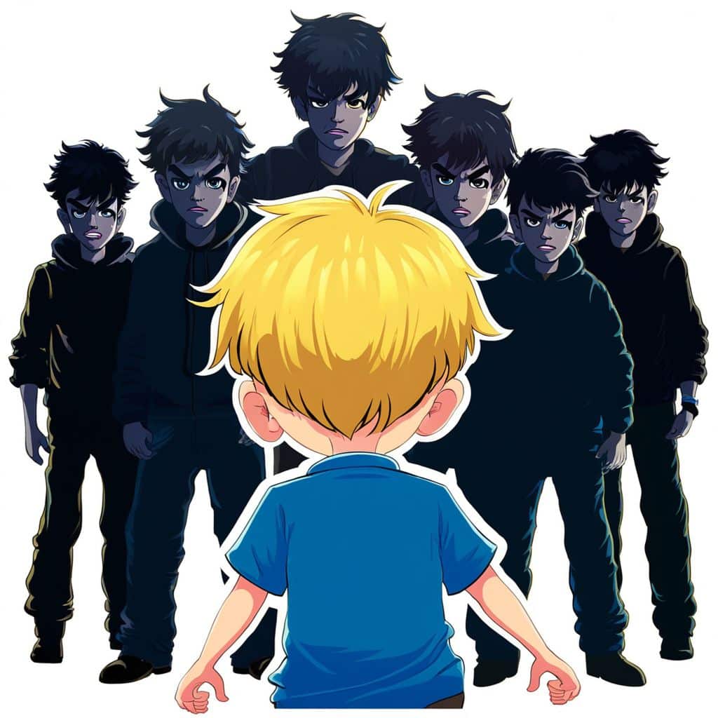 Grimmige Gruppe konfrontiert Schwächeren Grimmige Gruppe konfrontiert Schwächeren (Comic-Style)